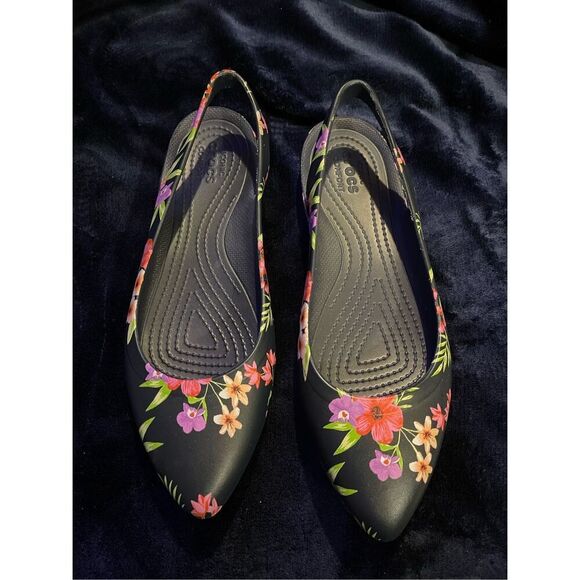 Crocs Blue Floral Sling Back Comfort Point Flat slip on Shoes Sz 8 - Picture 1 of 9